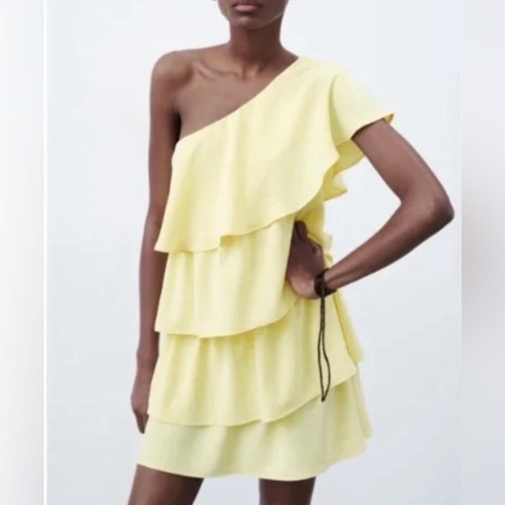 Zara Yellow Asymmetrical Mini Dress with Ruffles